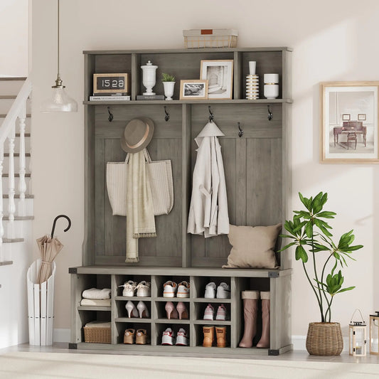 HiMISS Farmhouse Entryway Hall Tree With Bench And Shoe Storage