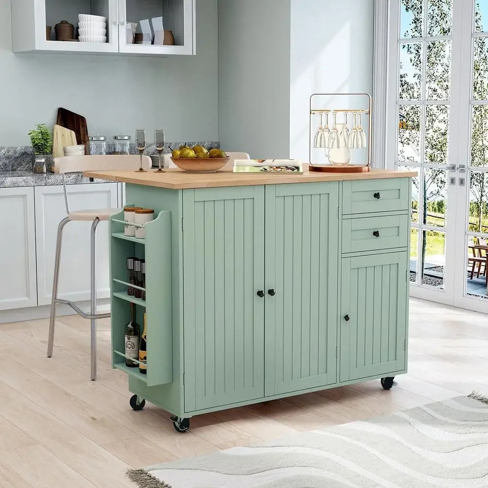 Kitchen Island with Storage, Sage Green Rolling Kitchen Cart on Wheels with Drop-Lea Bar Countertop, Islands Prep Table with Sid