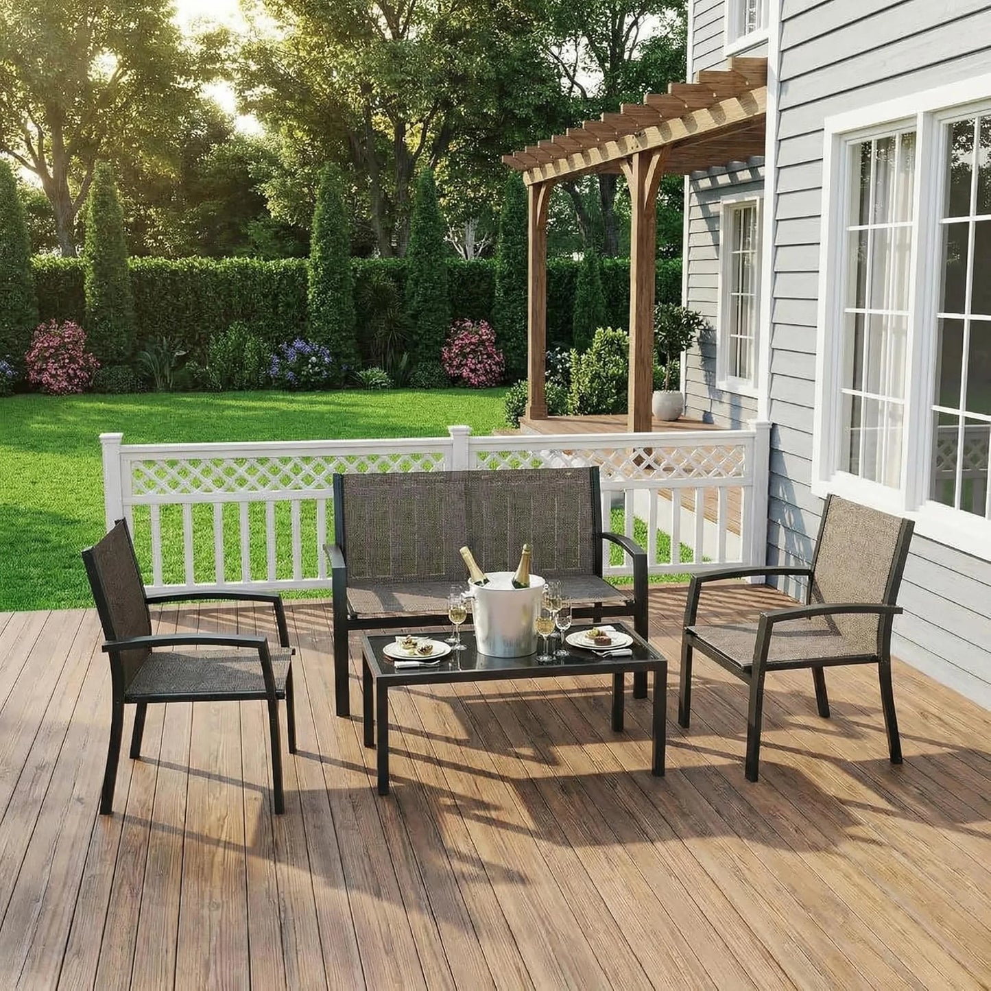 Modern 4 Piece Metal Patio Furniture Set Breathable Mesh Outdoor Loveseat & Chairs With Table For Deck Apartment Porch Backyard