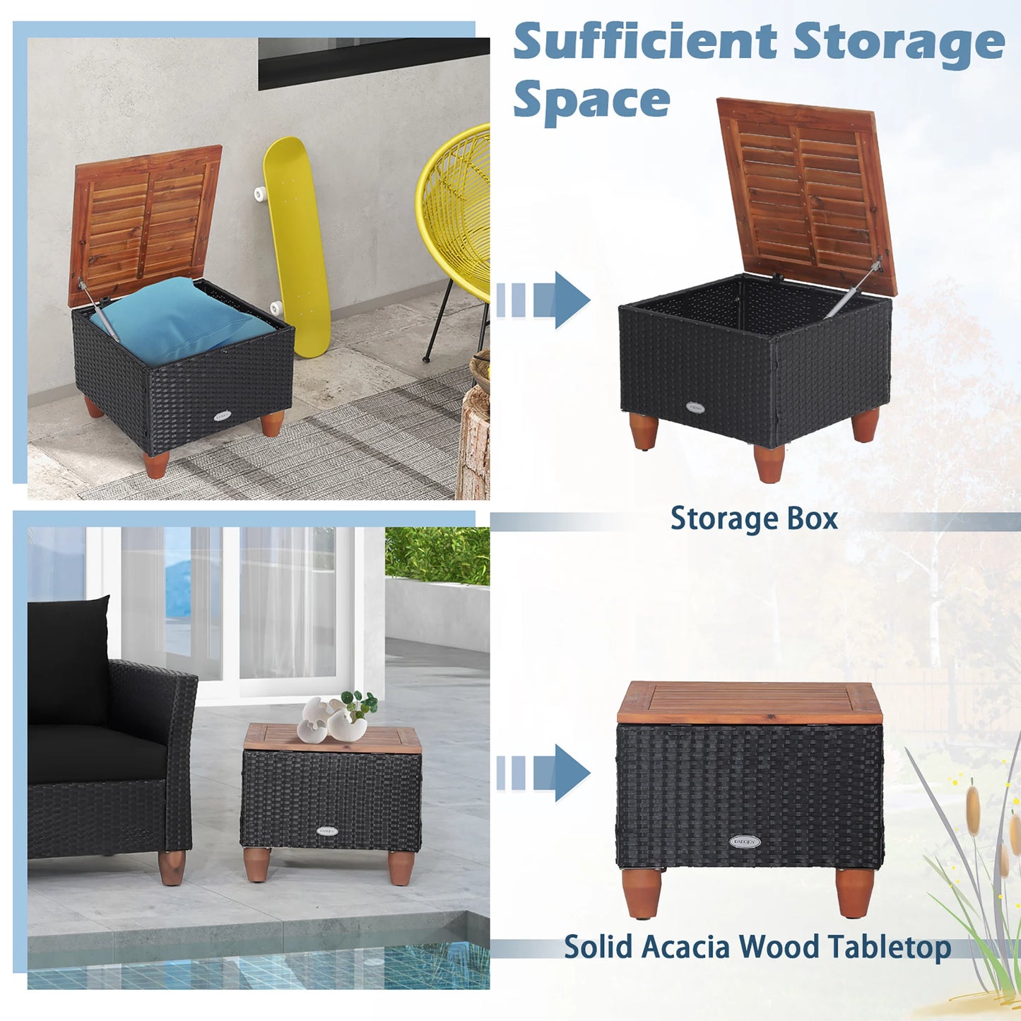 3PCS Patio Rattan Furniture Set Cushioned Sofa Storage Table with Wood Top Black