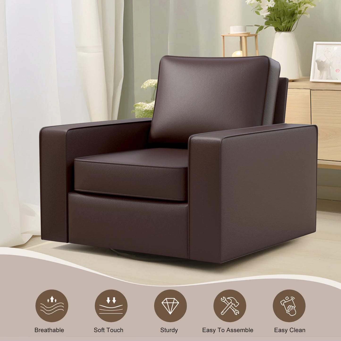 KERDOM 360° Swivel Accent Chair, PU Leather Living Room Chairs with Deep Seat and Upholstered, Square Armchairs for Bedroom, Reading Nook, Easy Assemble, Espresso