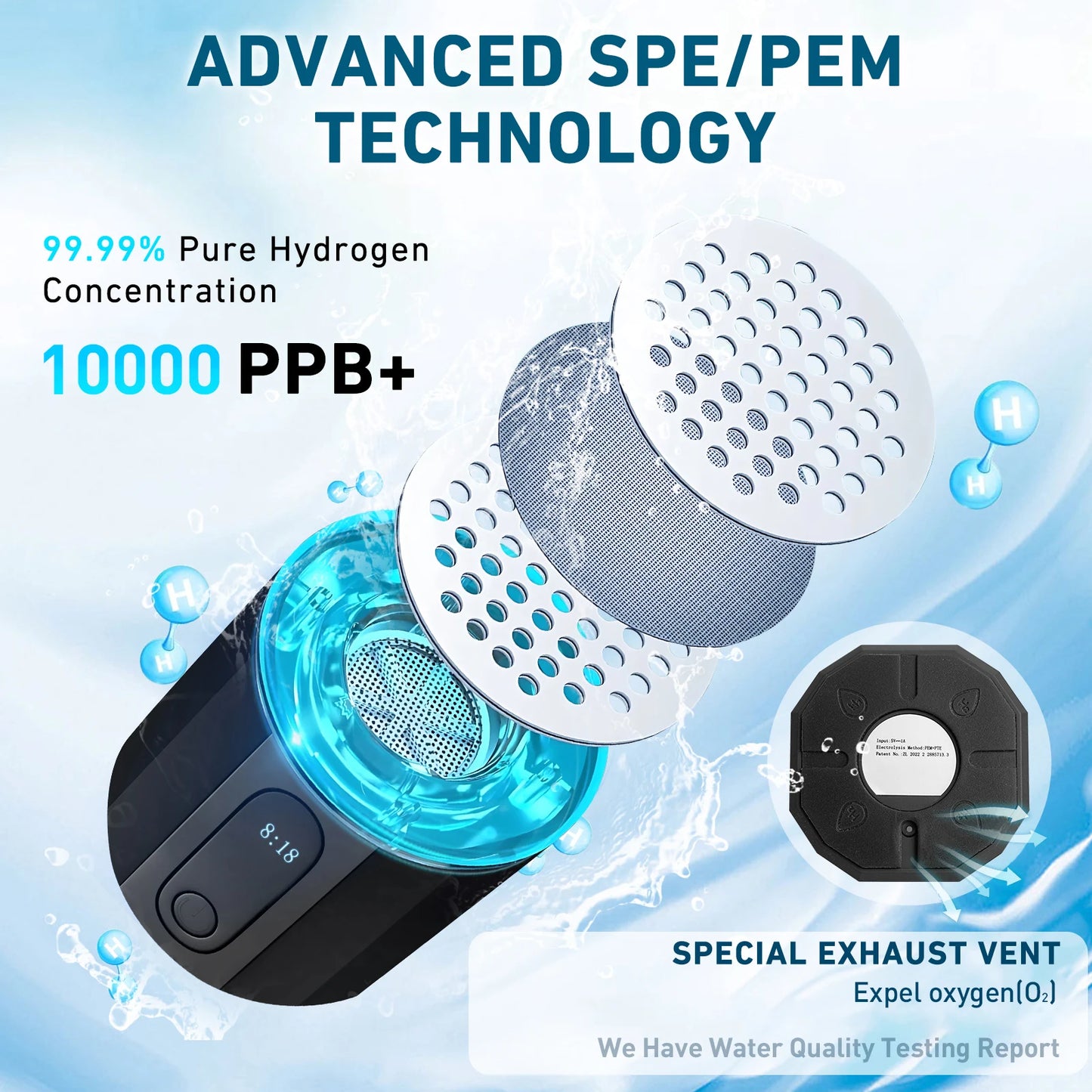 Hydrogen Water Bottle With SPE PEM Tech Leakproof Seven LEDs