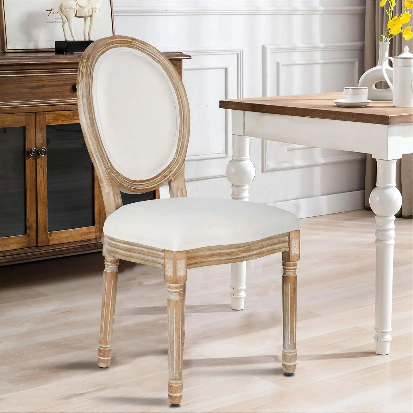 Beige Fabric Square Back Dining Chairs Set of 2 Solid Wood Legs Frame French Country Kitchen Dining Room, Custom