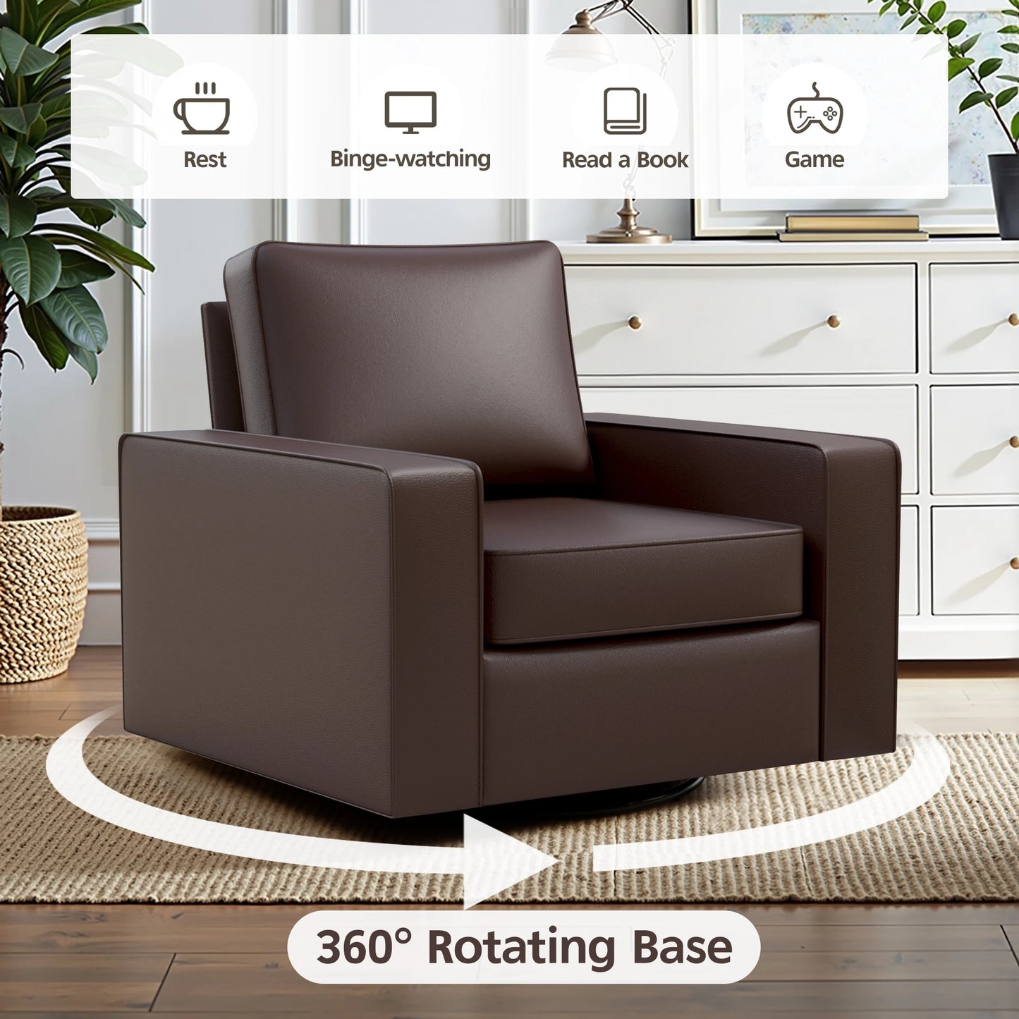 KERDOM 360° Swivel Accent Chair, PU Leather Living Room Chairs with Deep Seat and Upholstered, Square Armchairs for Bedroom, Reading Nook, Easy Assemble, Espresso
