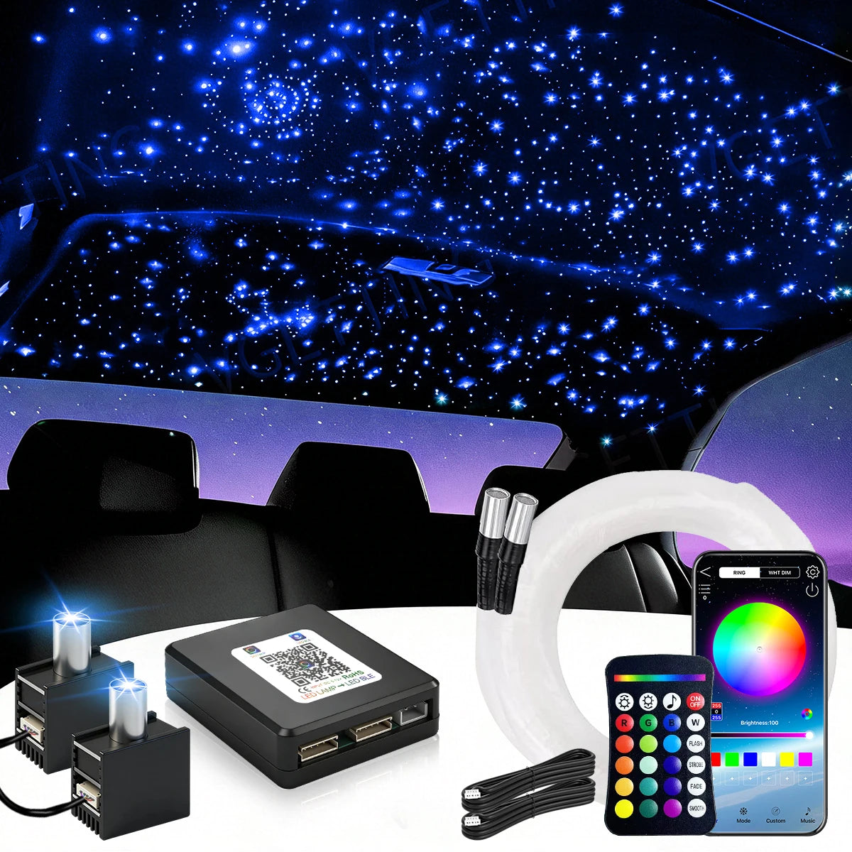 16W Split Starlight Headliner Kit, Fiber Optic RGBW Star Lights for Car Roof Ceiling with 1/2/4 Light Heads, APP/Remote Control, Static 10 Colors