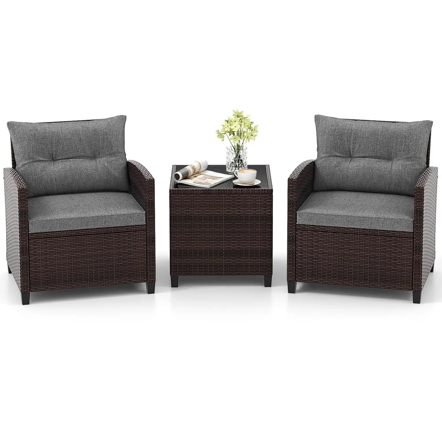 3 Pieces Patio Furniture Set, PE Rattan Wicker 3 Pcs Outdoor Sofa Set w/Washable Cushion and Tempered Glass, Customized