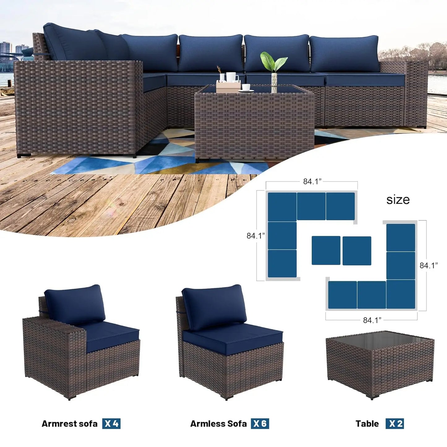 Outdoor Patio Furniture Set,12 Pieces Sectional Rattan Sofa Set Brown PE Rattan Wicker Patio Conversation Set with 10, Custom