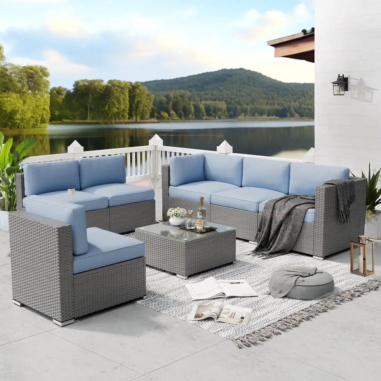 Outdoor Patio Furniture Set 7 Piece Outdoor Sectional Sofa Grey Wicker Conversation Sofa Set with Coffee Table and, Customized