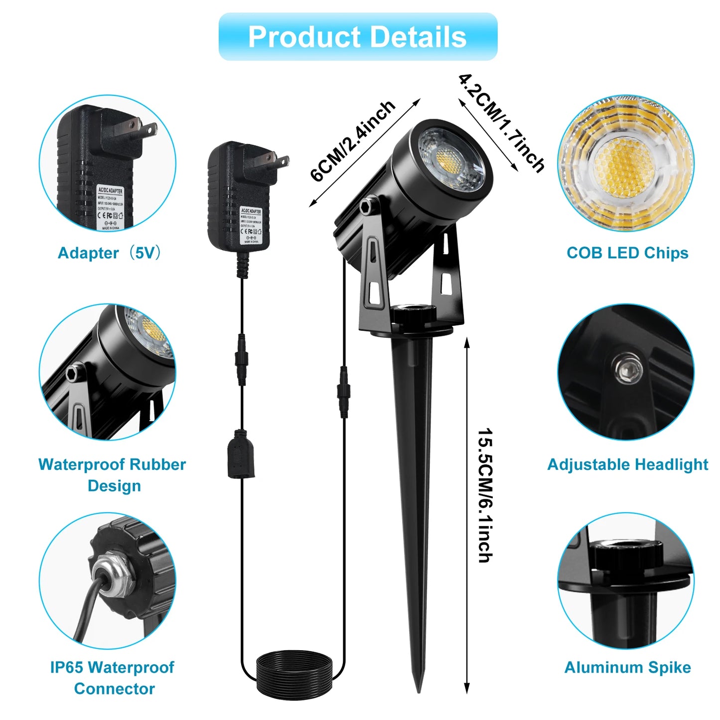T-SUNRISE US Plug COB Landscape Spotlight Warm White Waterproof