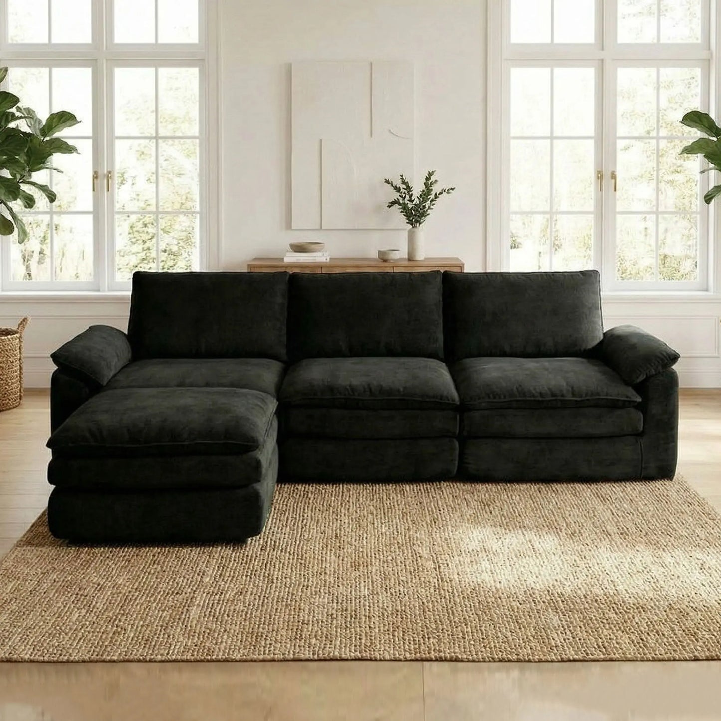 118 Inches L-Shaped Chenille Cloud Lazy Sofa, Black Oversized Deep Seat Modular Sectional Couch with Chaise Lounge, Ultra Soft Cat Scratch Resistant Chenille Fabric, No Assembly Low Maintenance Extra Comfort Large Sofa, Unive