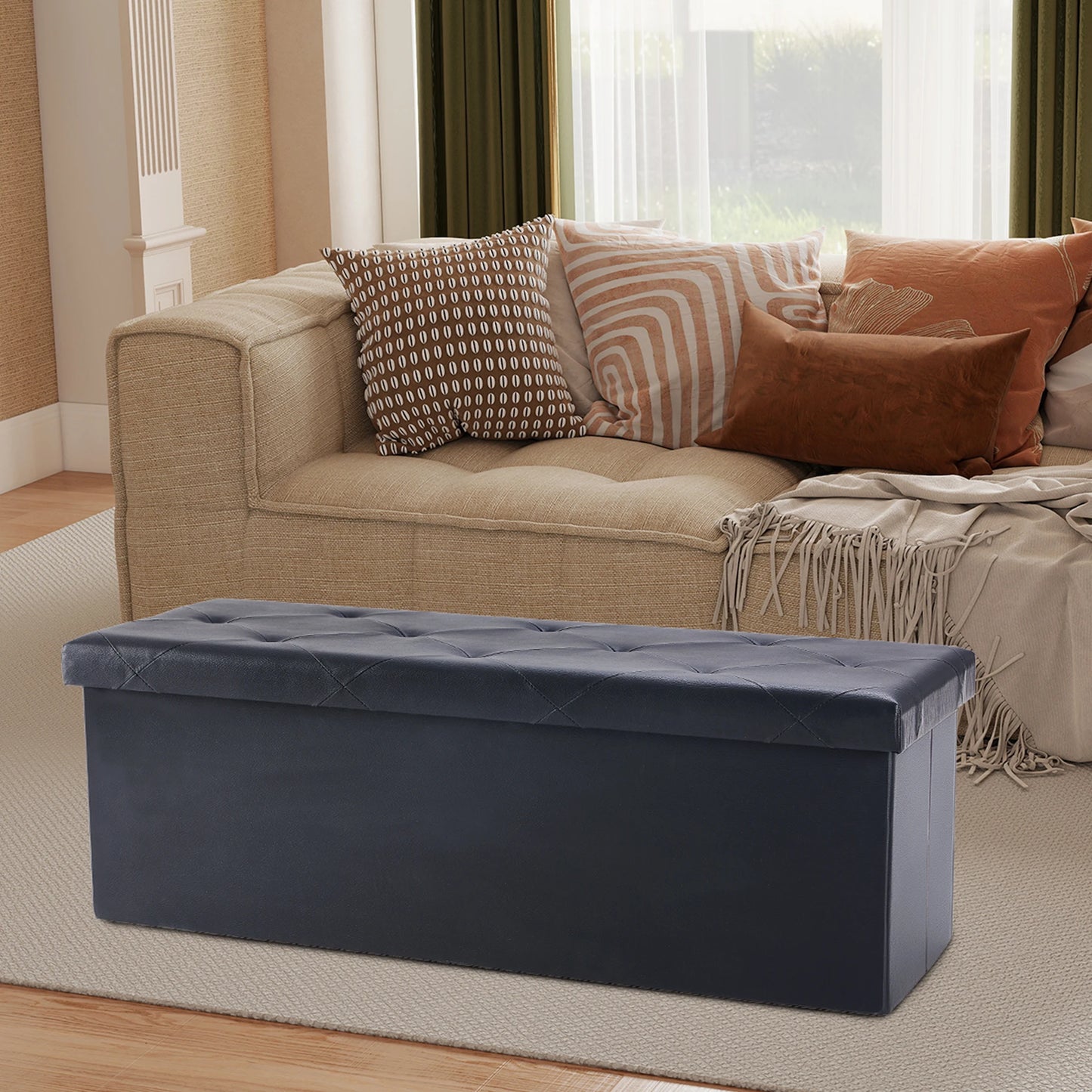 JHK 43 Inches Leather Folding Ottoman Storage Footstool Toy Box Bedroom Bench Load 660 lbs Foot Rest Stool For Living Room