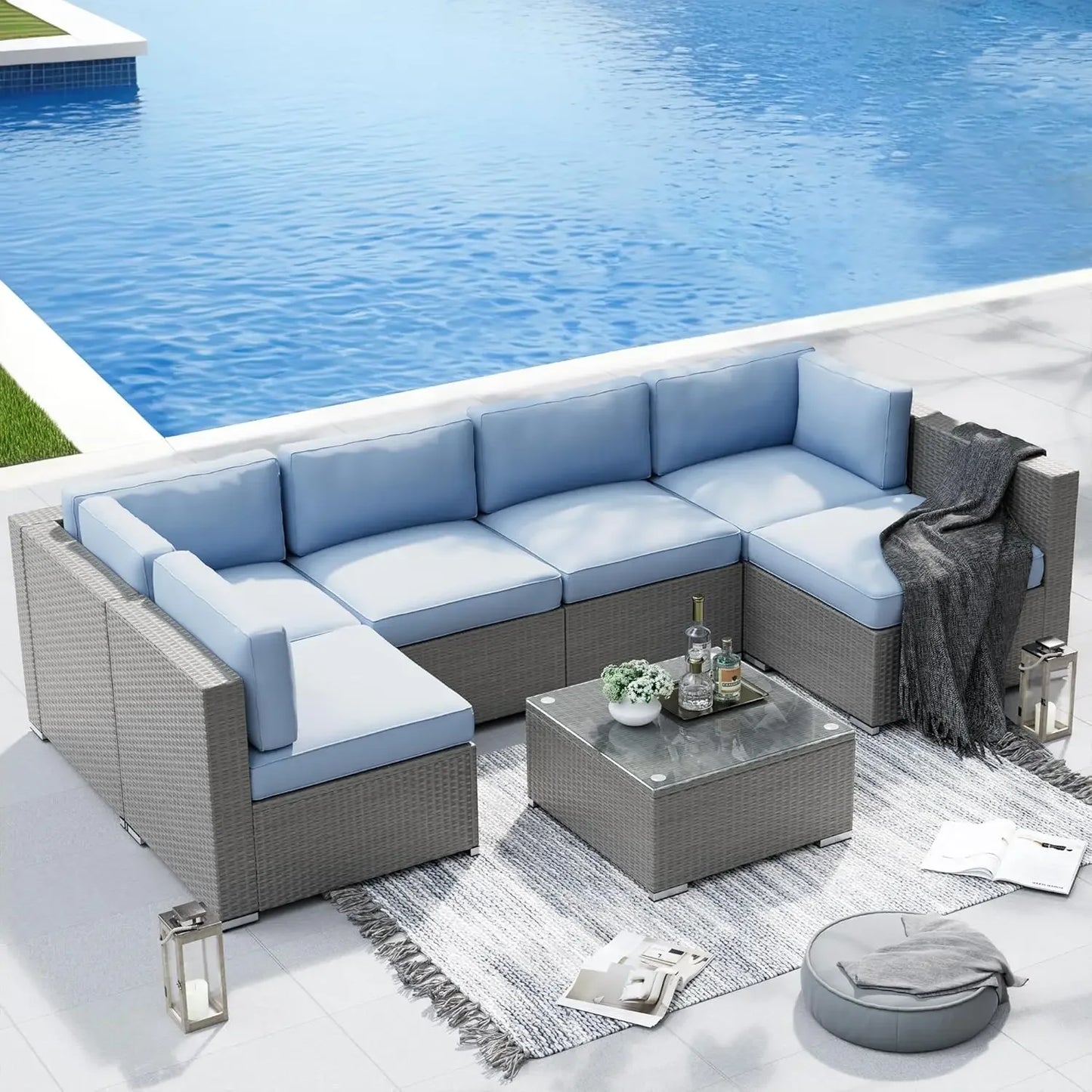 Outdoor Patio Furniture Set 7 Piece Outdoor Sectional Sofa Grey Wicker Conversation Sofa Set with Coffee Table and, Customized