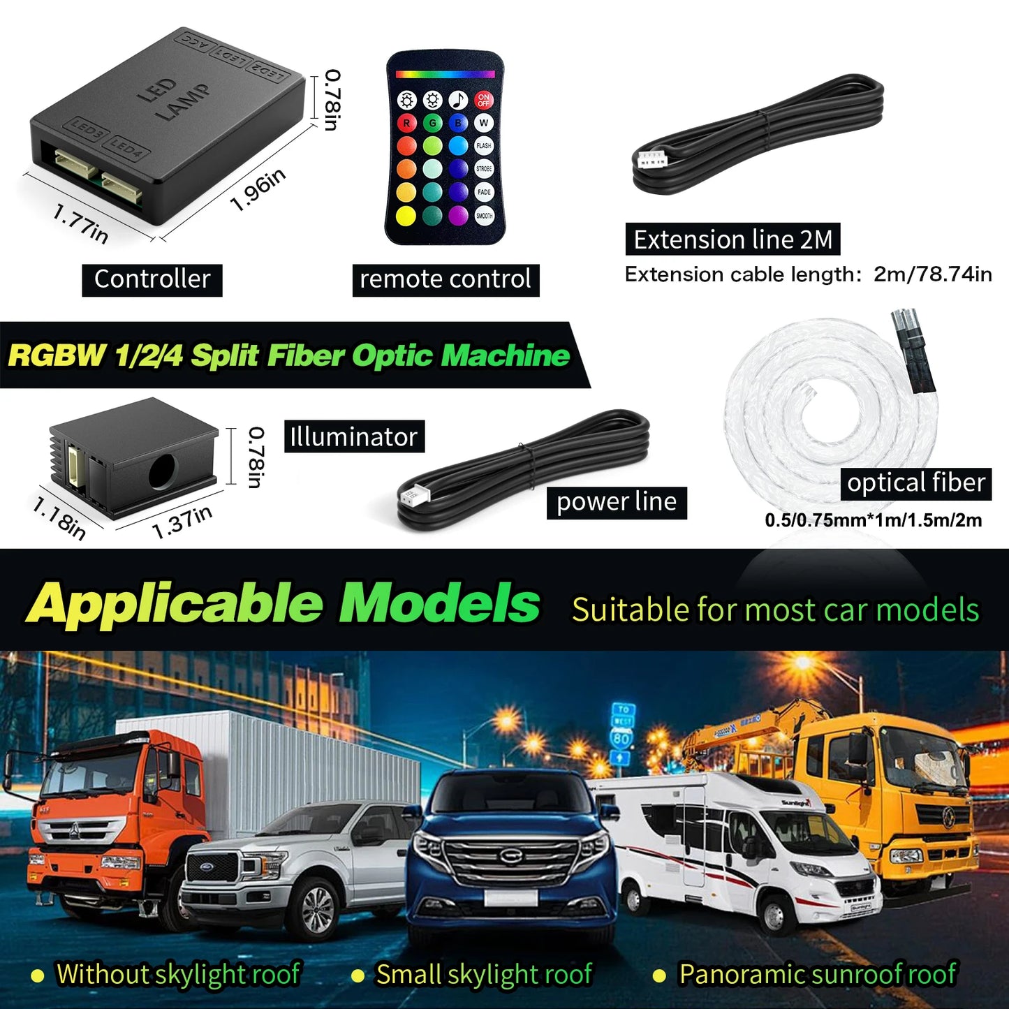 16W Split Starlight Headliner Kit, Fiber Optic RGBW Star Lights for Car Roof Ceiling with 1/2/4 Light Heads, APP/Remote Control, Static 10 Colors
