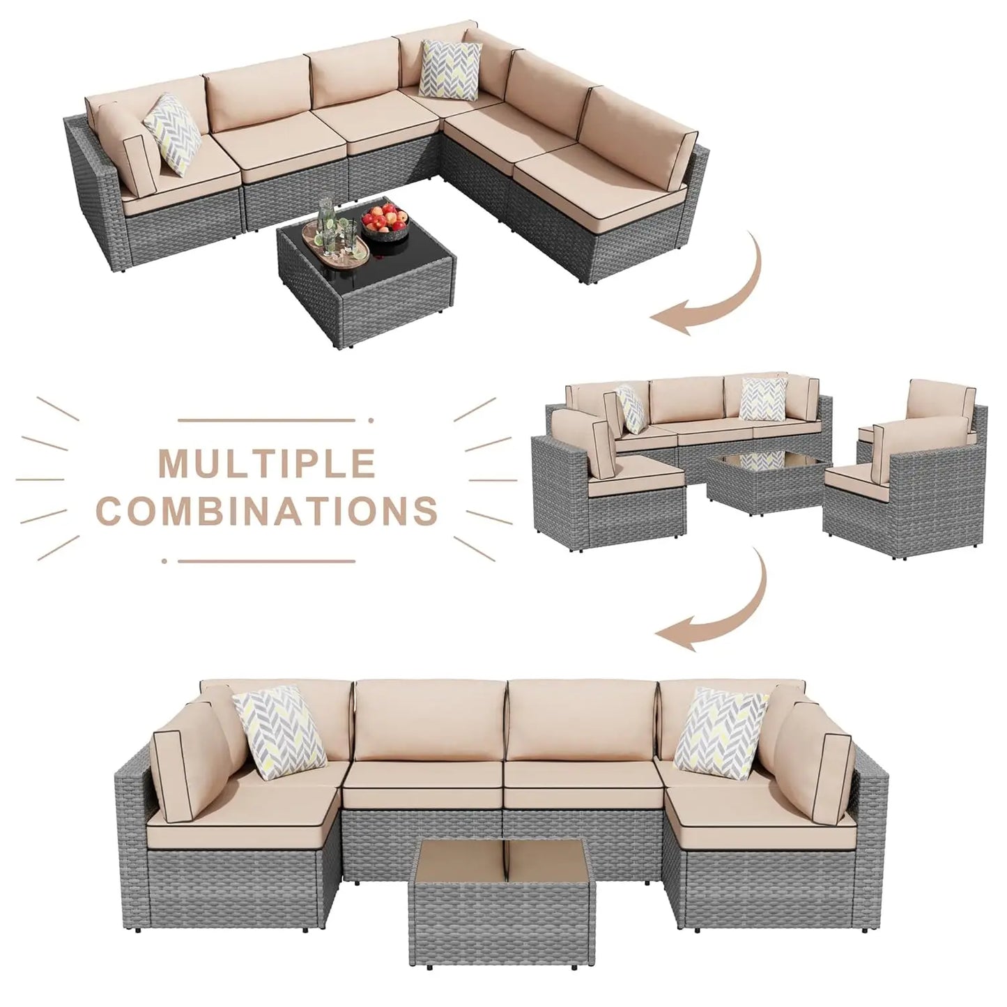 7-Piece Outdoor Patio Furniture Set, Modular PE Rattan Sectional Sofa with Thick Cushions & Glass Coffee Table,, Custom