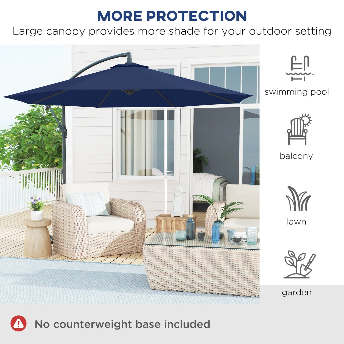 10' Cantilever Hanging Tilt Offset Patio Umbrella with Uv & Water Resistant Material and Cross Base (Weight Not Included), Navy Blue