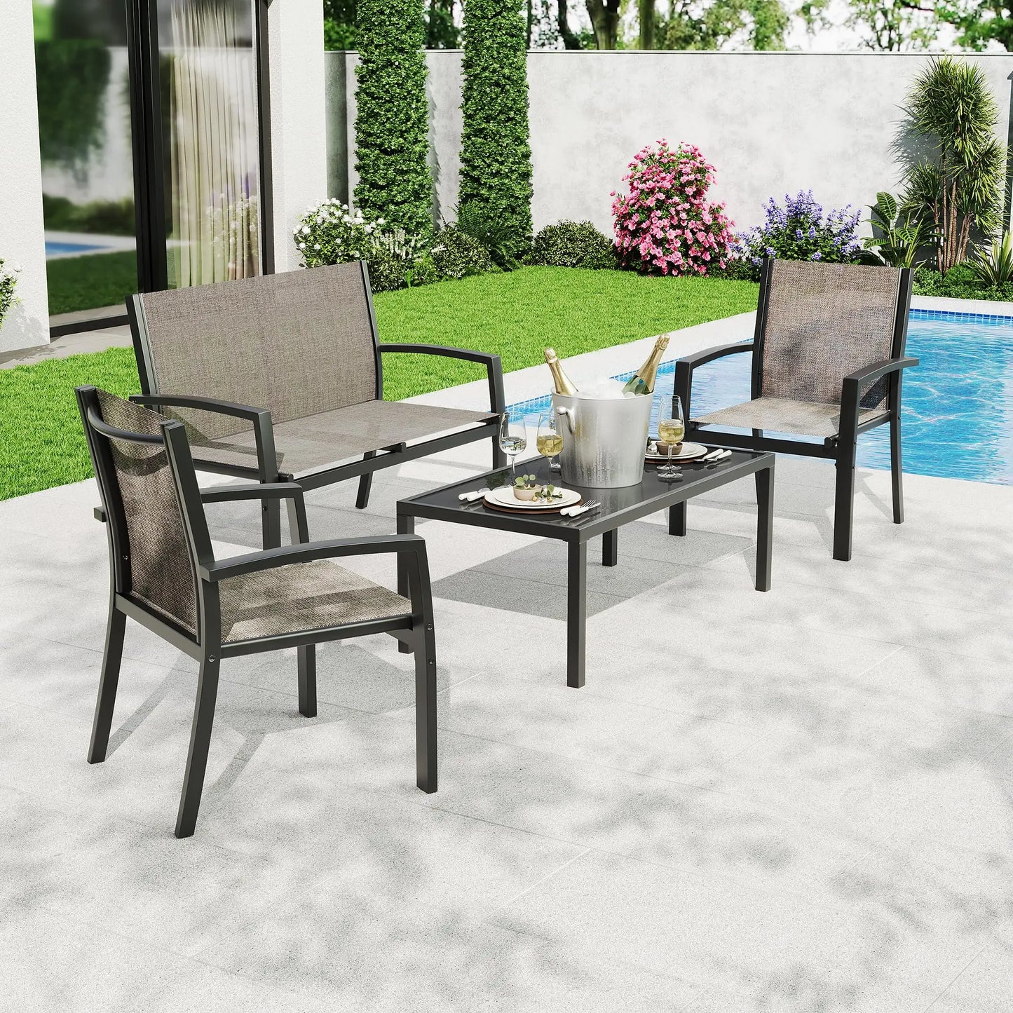 Modern 4 Piece Metal Patio Furniture Set Breathable Mesh Outdoor Loveseat & Chairs With Table For Deck Apartment Porch Backyard
