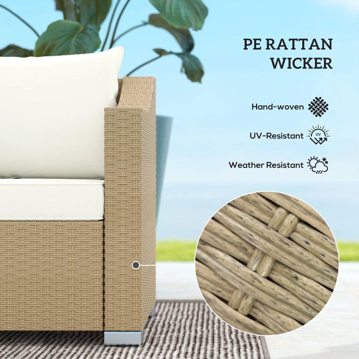 3 Seater Patio Wicker Sofa, Outdoor Furniture Rattan Couch with Cushions, Throw Pillows, for Garden, Backyard, Porch, Cream White