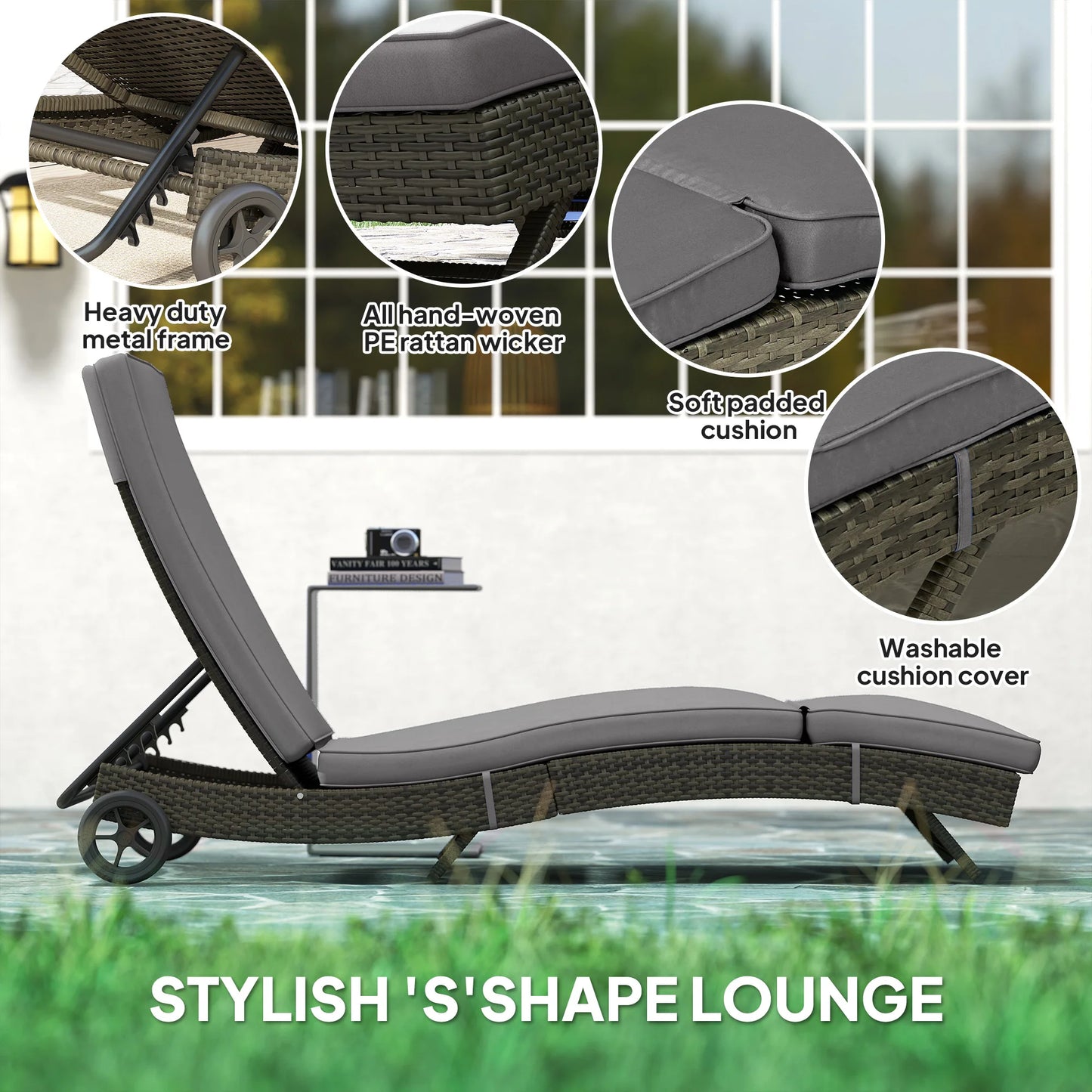 Outdoor Reclining Lounge Chair, PE Wicker, Rolling Wheels, Patio, Grey