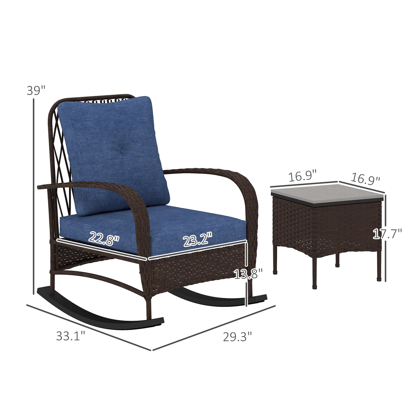 Patio Furniture Set, Rocking Chairs W/ Coffee Table, Cushion Brown