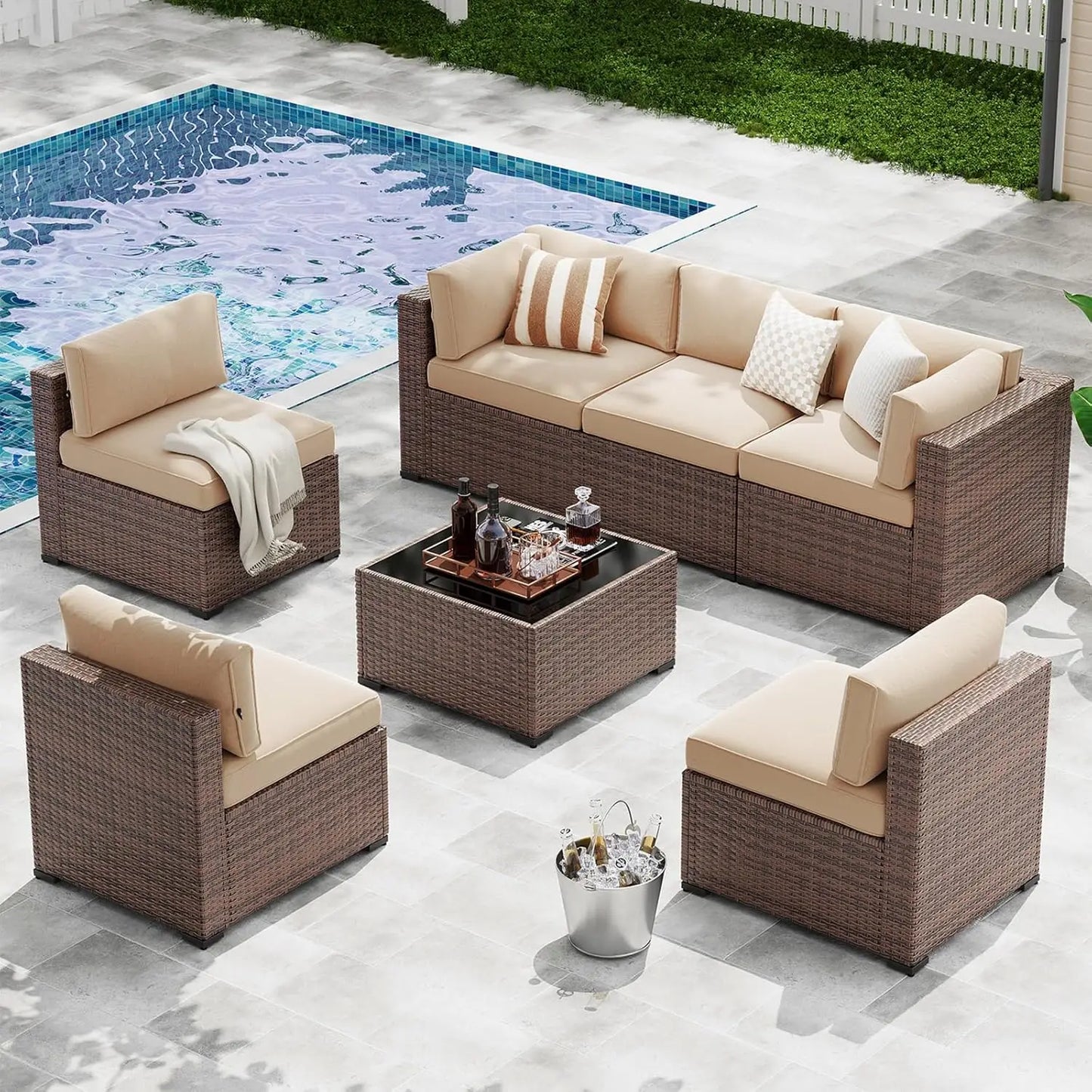 XIAOLANG 7-Piece Outdoor Patio Furniture Set Wicker Cushioned