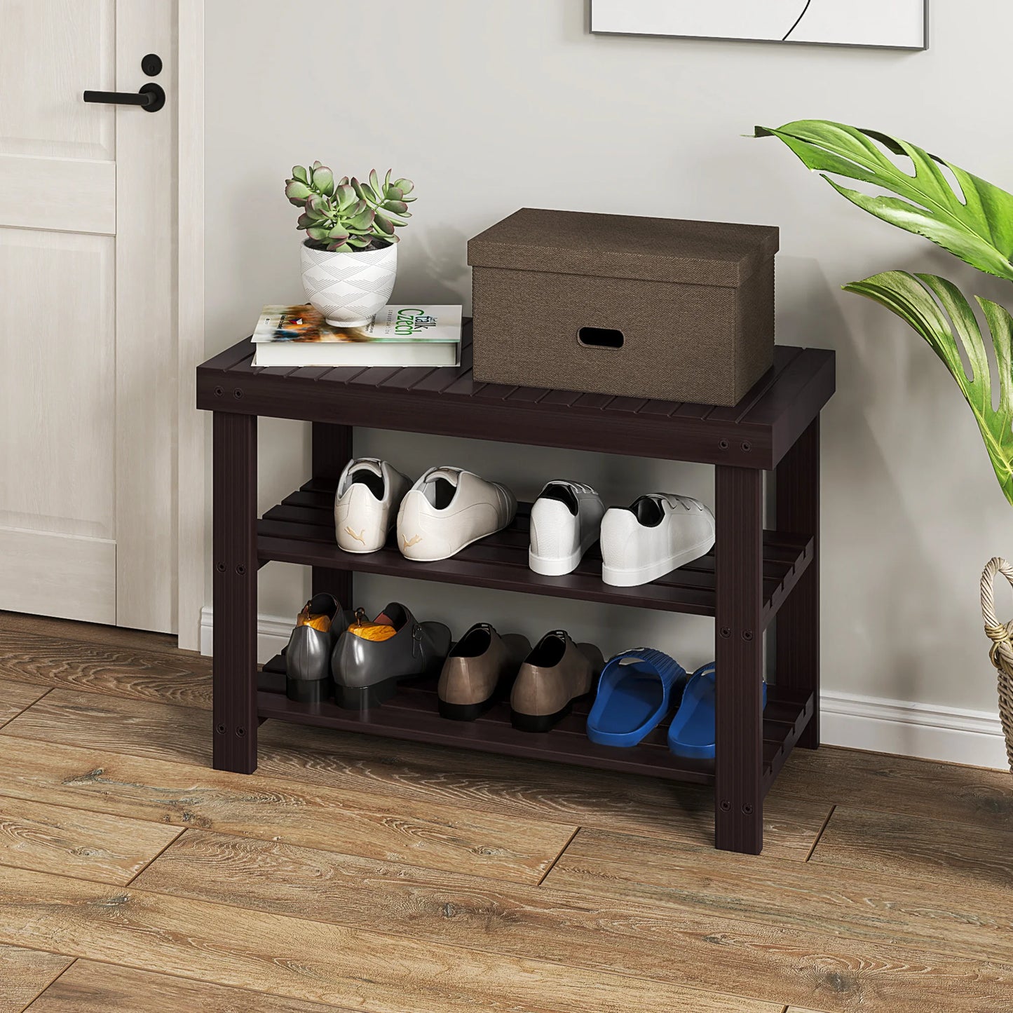 JHK 3-Tier Bamboo Entryway Bench Shoe Rack Organizer