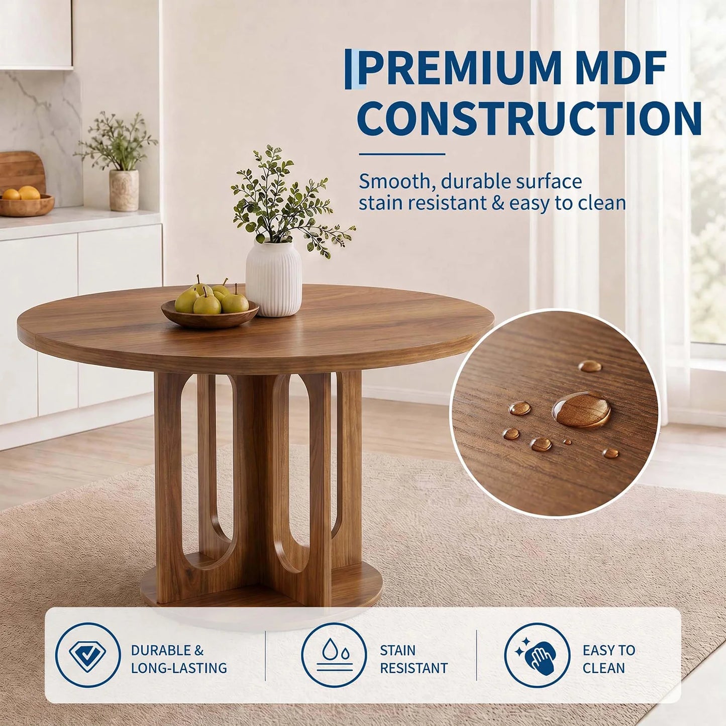 47 Inch Round Dining Table For 4-6, Modern Circle Kitchen Table With Open Arch Pedestal Base For Dining Room Breakfast Nook