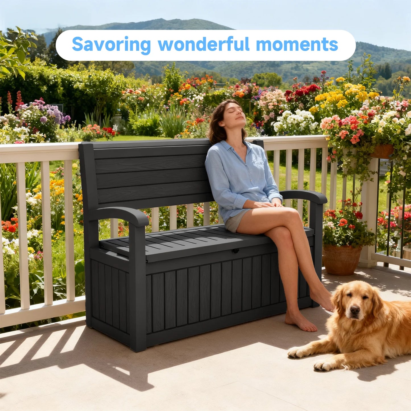 Outdoor Patio Storage Bench Plastic Weather Resistant Bench with Storage Space for Backyard Garden Poolside