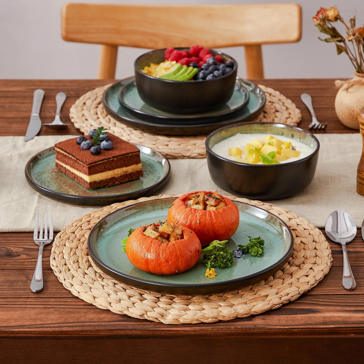 Vancasso AMBER 12/16 Piece Ceramic Dinnerware Set Matte Black Stoneware Plates Set with 4/6 Pcs Dinner Plate/Dessert/Bowl/Soup