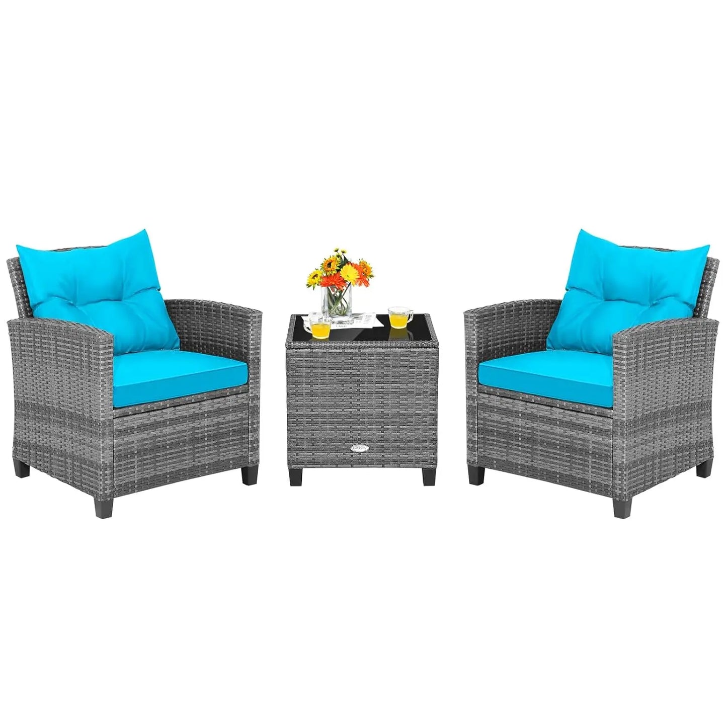 3 Pieces Patio Furniture Set, PE Rattan Wicker 3 Pcs Outdoor Sofa Set w/Washable Cushion and Tempered Glass, Customized