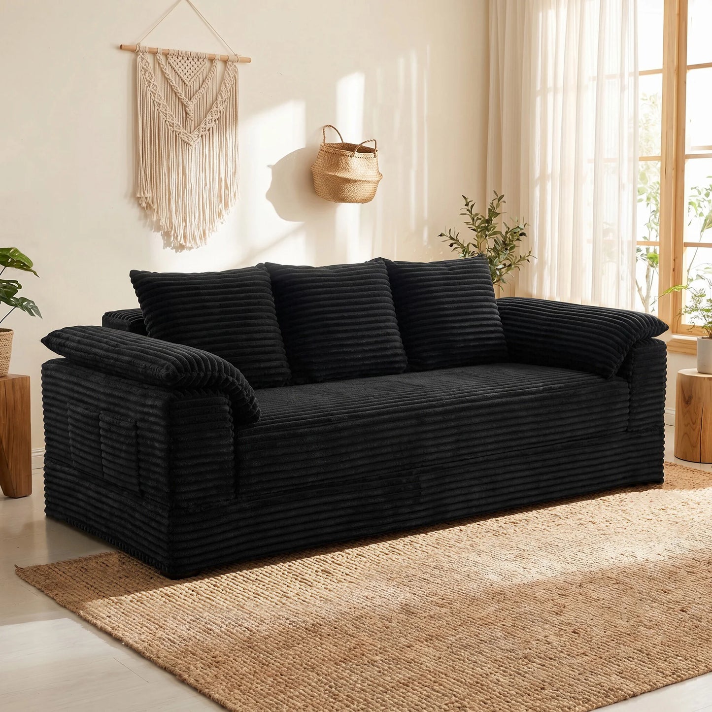 Oversized Black Striped Corduroy 3-Seater Sofa with Middle Cup Holder, Flipable Design, Customizable DIY Modular Couch, Soft Fluffy Plush Fabric Sofa, Wide Armrest Minimalist Leisure Furniture for Apartment, Bedroom & Living