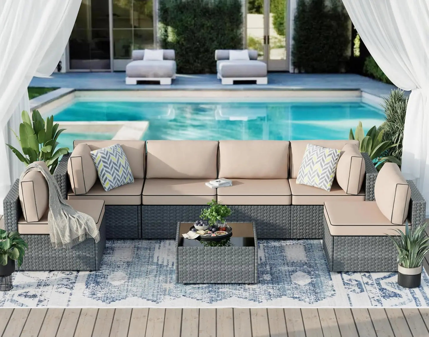 7-Piece Outdoor Patio Furniture Set, Modular PE Rattan Sectional Sofa with Thick Cushions & Glass Coffee Table,, Custom