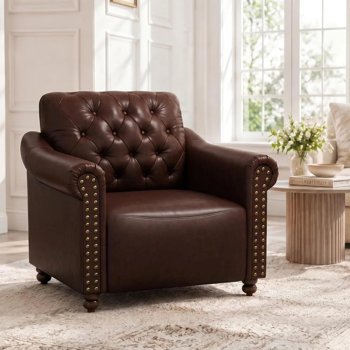 Faux Leather Chesterfield Accent Chair With Classic Nailhead Trim