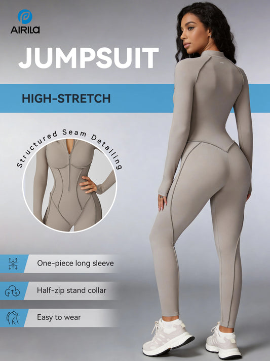 Zip Front Long Sleeve Yoga Pilates Jumpsuit Bodycon For Women Tummy Control
