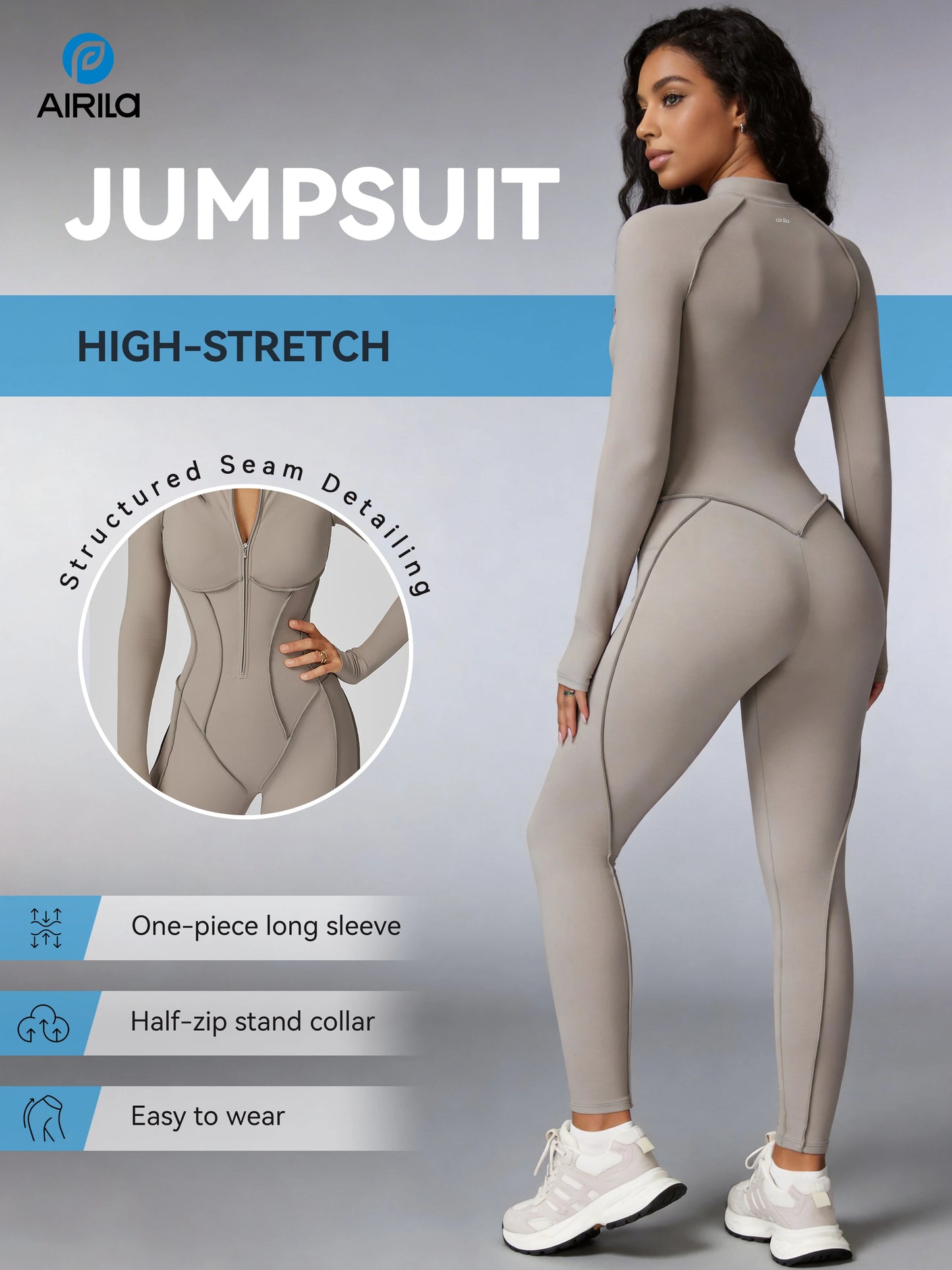 Women Zip Front Long Sleeve Yoga Jumpsuit Tummy Control