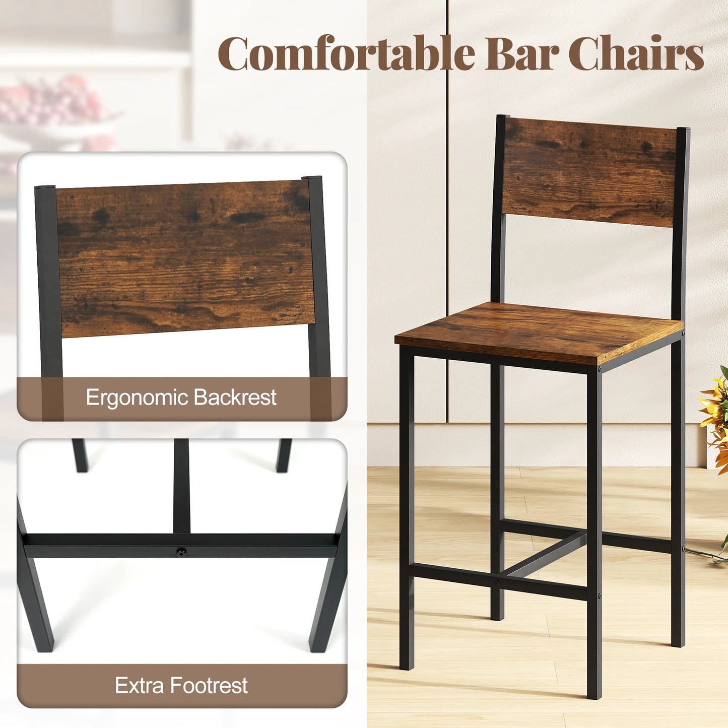 3 Piece Bar Table & Chair Set Kitchen Table w/ 2 Bar Stools for Small Space