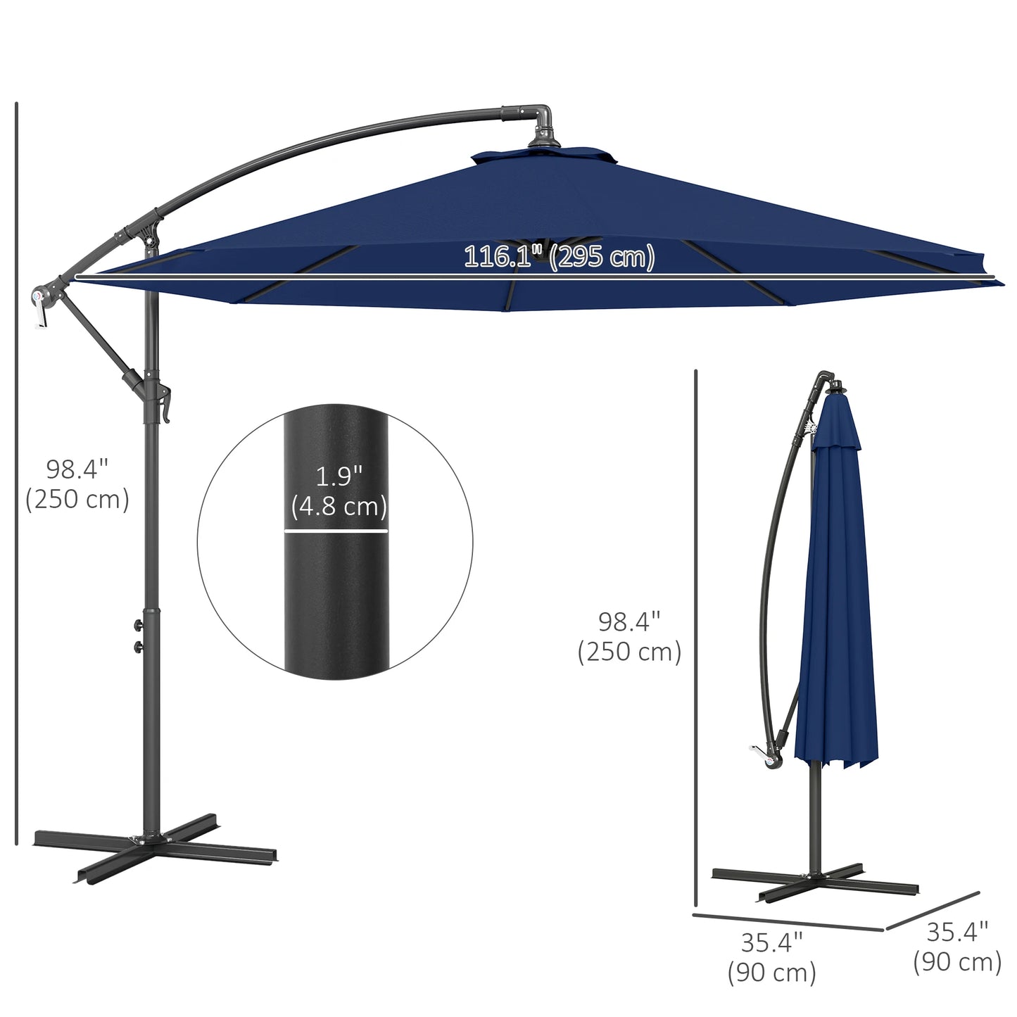 10' Cantilever Hanging Tilt Offset Patio Umbrella with Uv & Water Resistant Material and Cross Base (Weight Not Included), Navy Blue