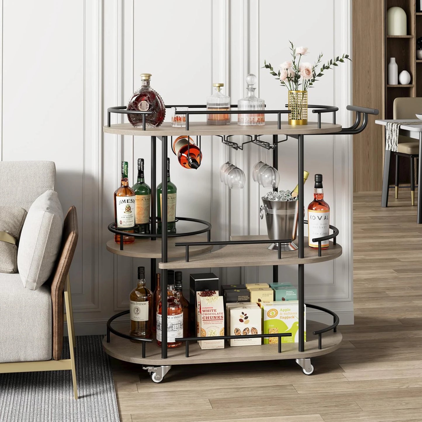 HiMISS 3 Tier Drinks Trolley Cart With Wheels Glass Holders