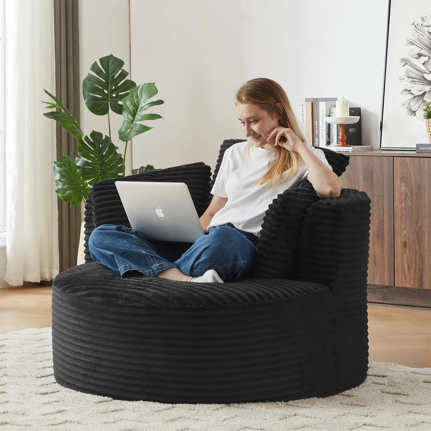 48.8" Round Chair Boneless Chaise Sofa Chair with Backrest and 3 Pillows for Living Room, No Assembly Required