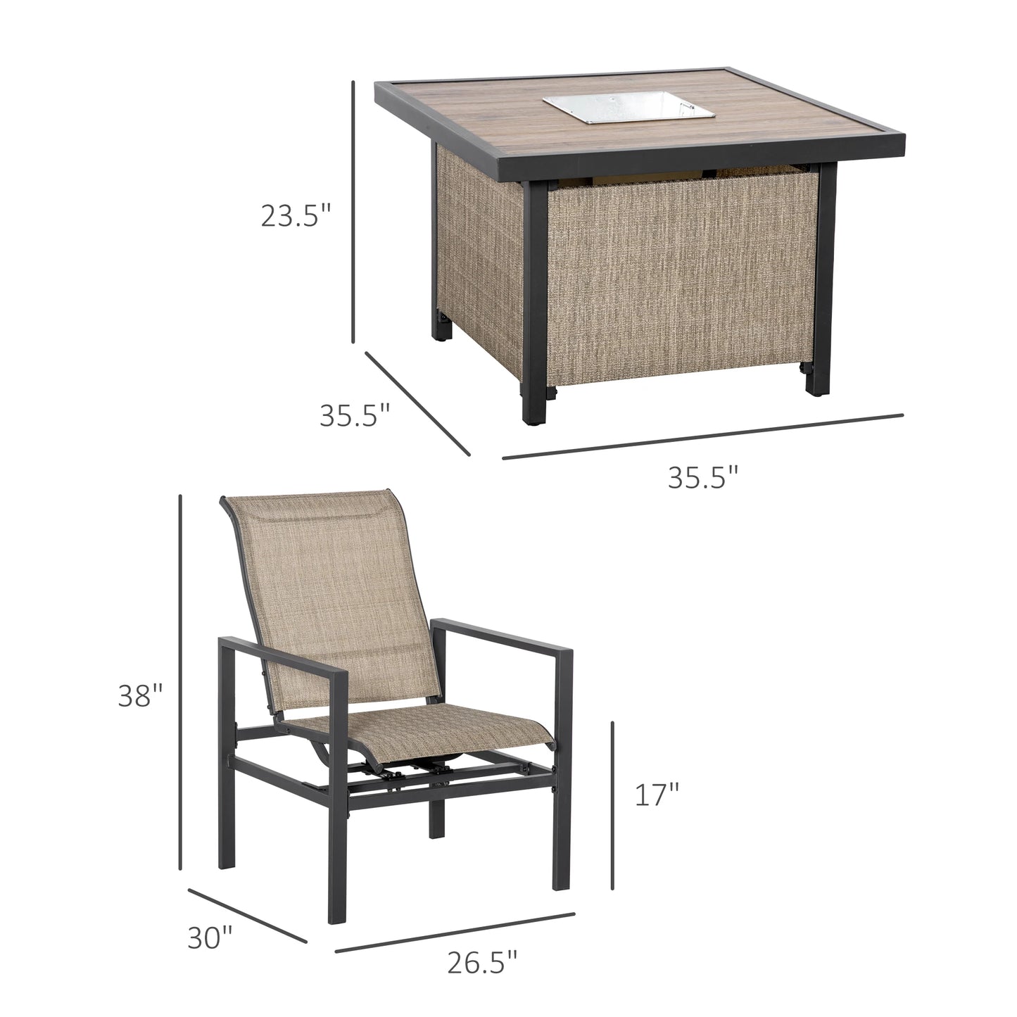 5 Piece Garden Patio Dining Set, Steel, Outdoor Conversation Set, Dinner Table with Built-In Ice Bucket Insert, 4 Rocking Chairs, Beige