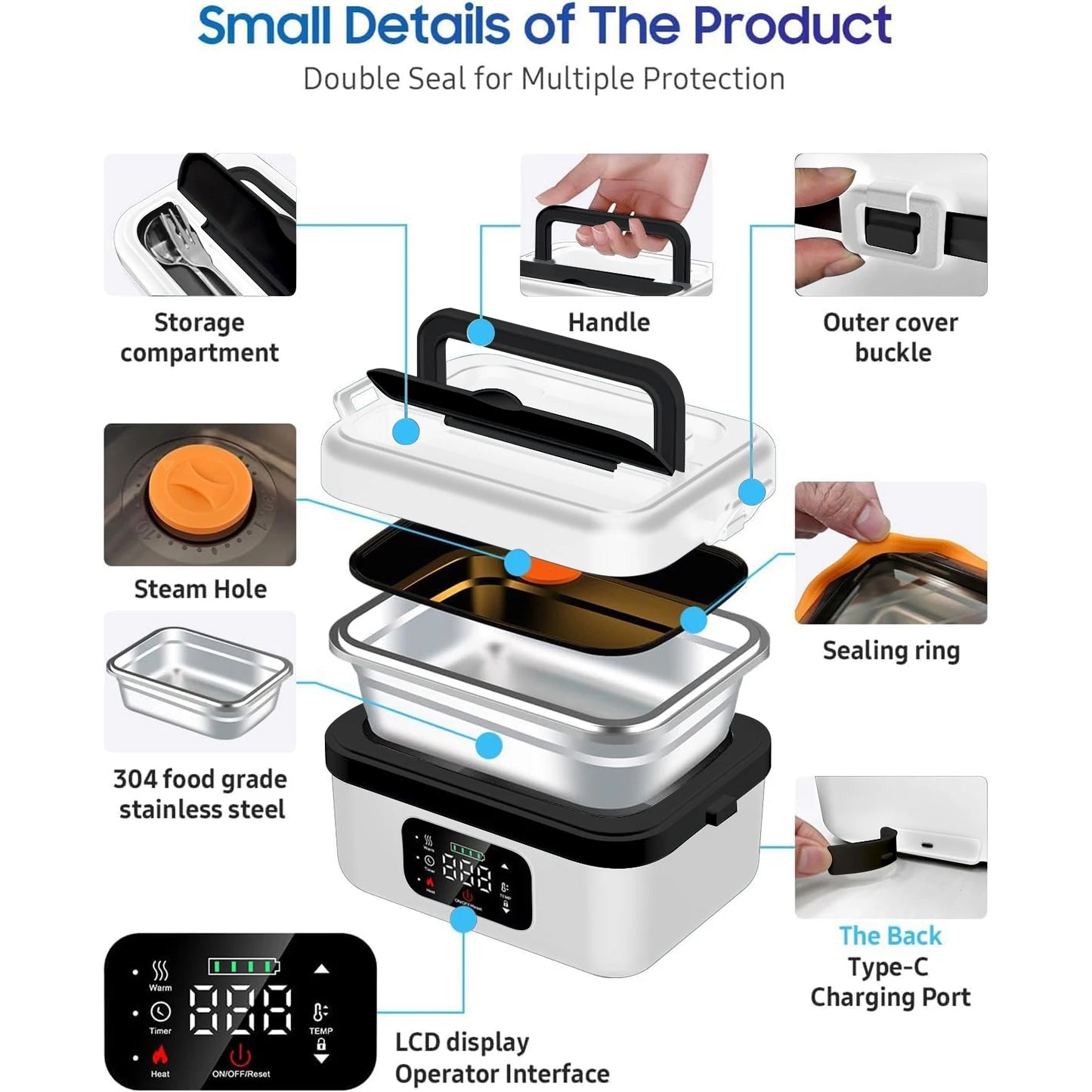 Rechargeable Timer Heating Lunch Box 8000mAh Portable Food Warmer