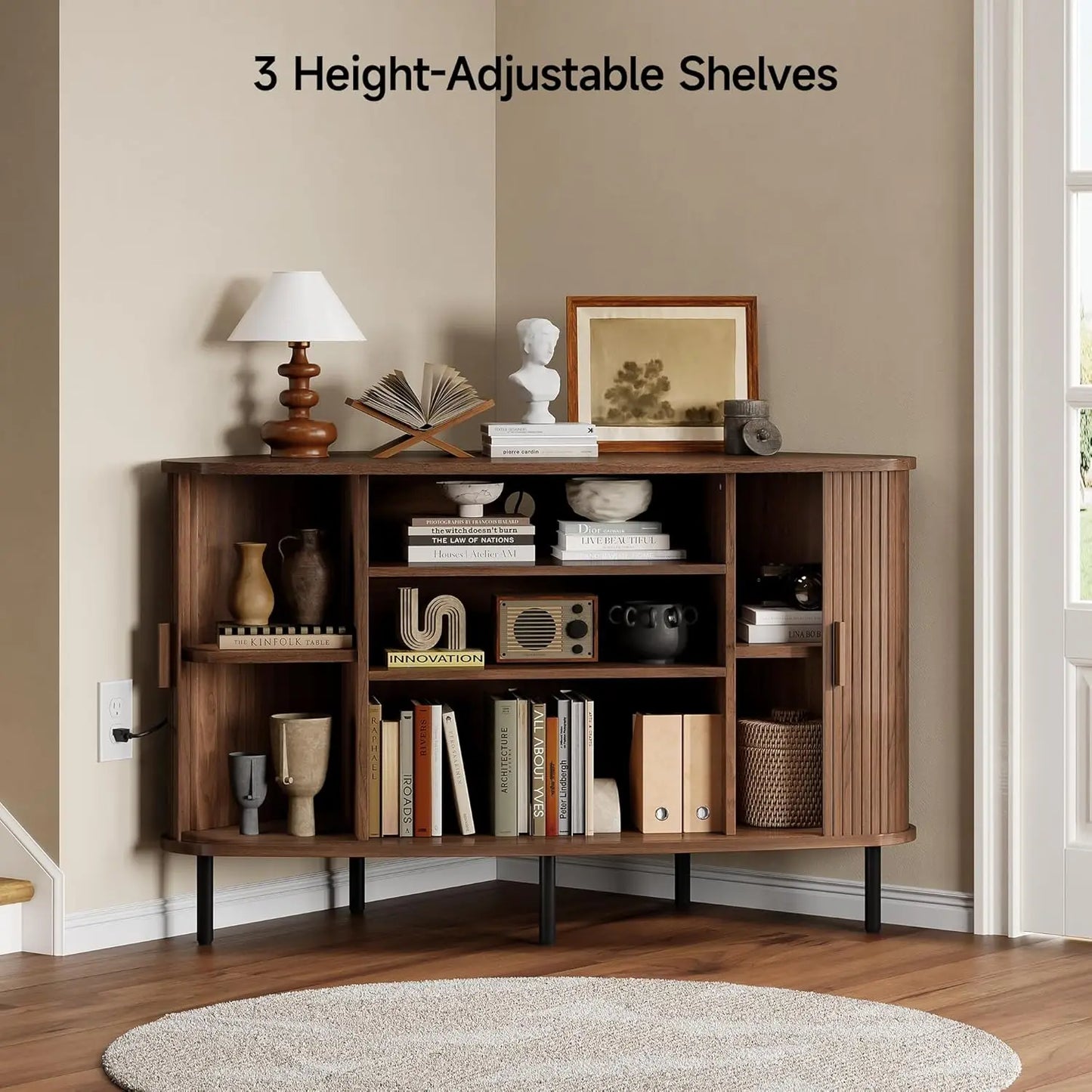 47 Corner TV Stand Sliding Door Power Outlet Wood Storage Media Console Table for Living Room Walnut, Customized