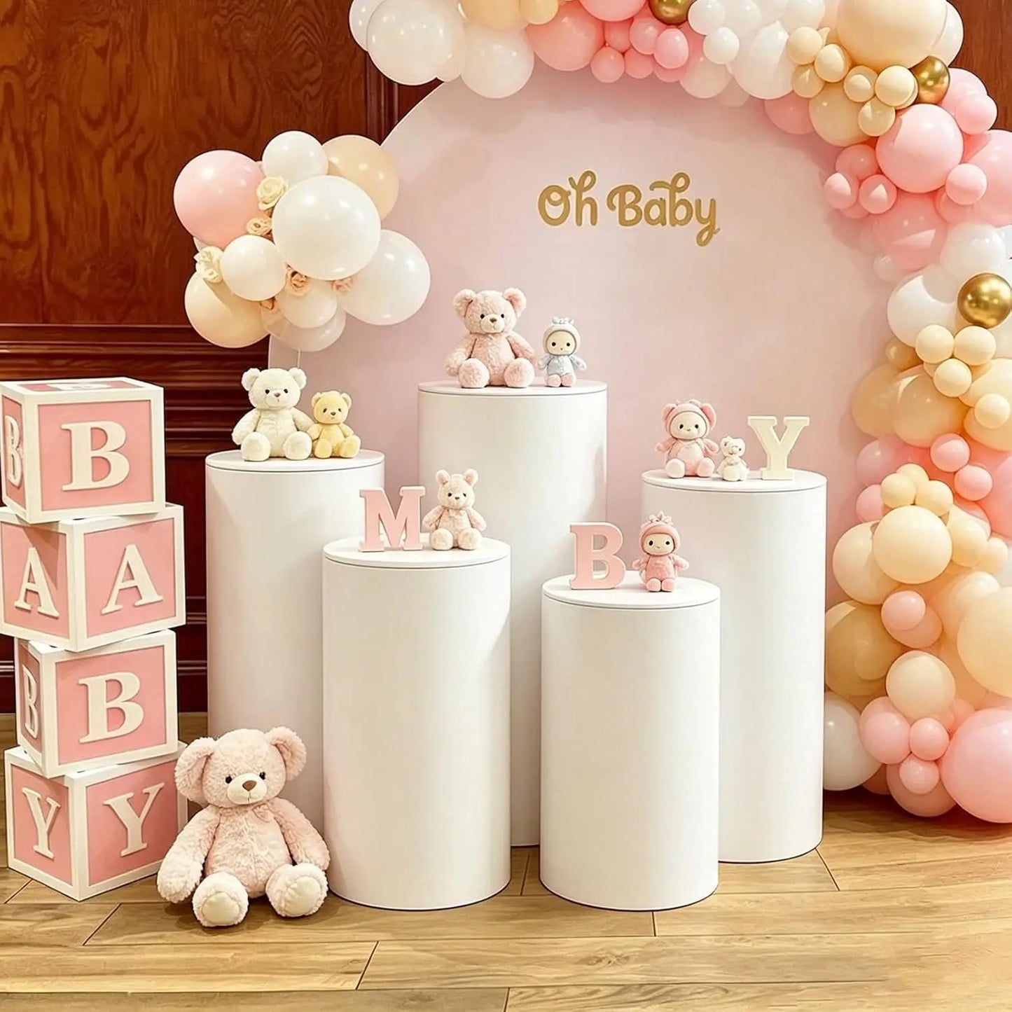 5 Pcs White PVC Cylinder Pedestal Stands Set for Party Round Cake Display Stands Wedding Centerpiece Columns Dessert Table Birthday Baby Shower Flower Decor