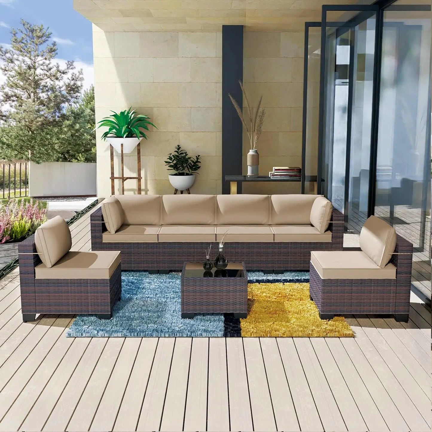 Outdoor Patio Furniture Set,12 Pieces Sectional Rattan Sofa Set Brown PE Rattan Wicker Patio Conversation Set with 10, Custom