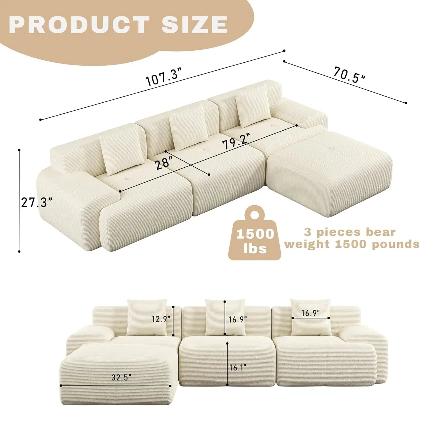Modular Sectional Sofa With Ottoman Memory Foam Corduroy Upholstery
