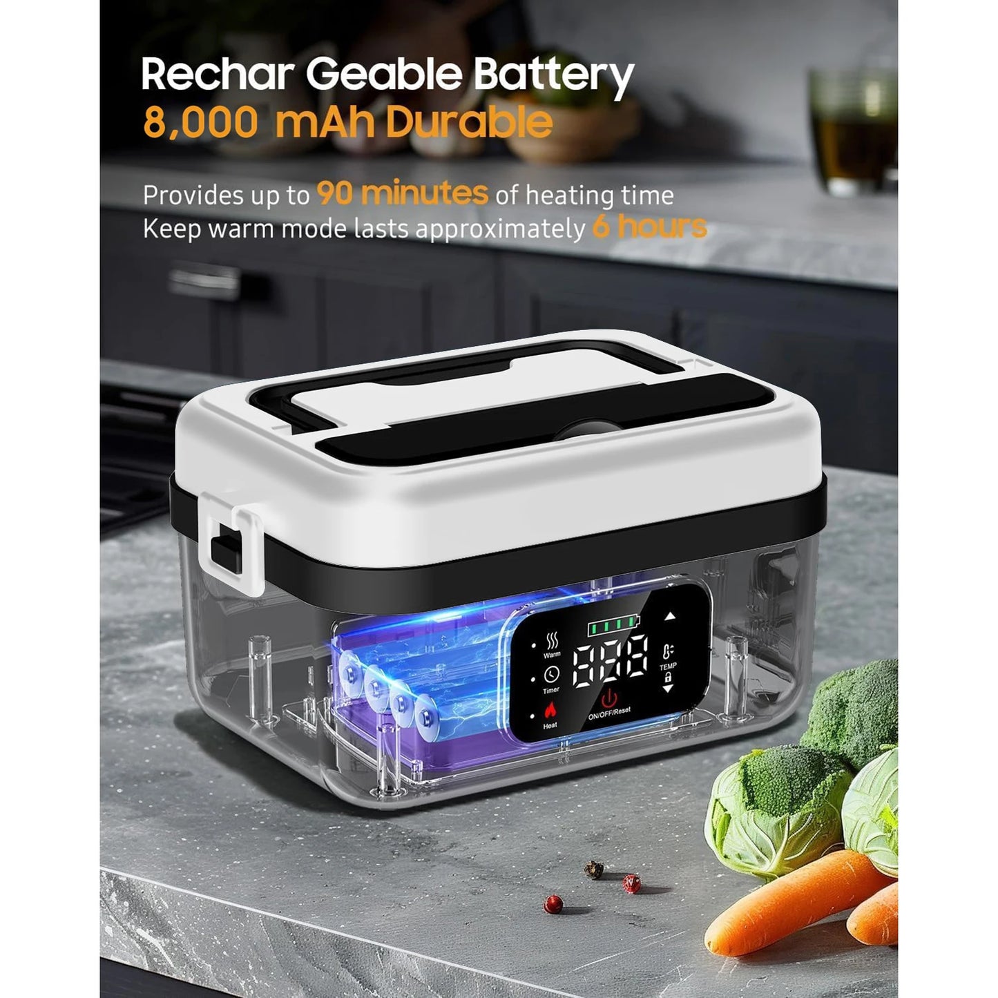 Rechargeable Timer Heating Lunch Box 8000mAh Portable Food Warmer