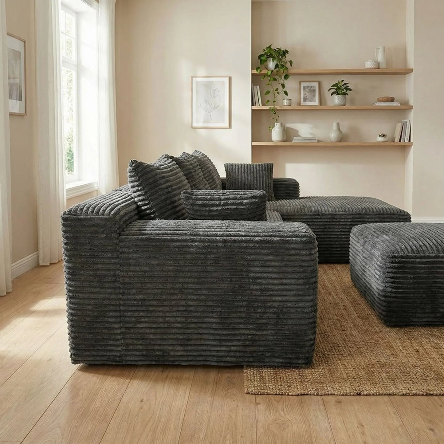 Light Luxury Minimalist Wide Vertical Striped Corduroy Modular L-Shaped Corner Sectional Sofa with Ottoman Footstool, Freely Combinable Cloud Chaise Lounge Lazy Cube Sofa, Oversized Deep Seat No Assembly Fabric Couch with Thr