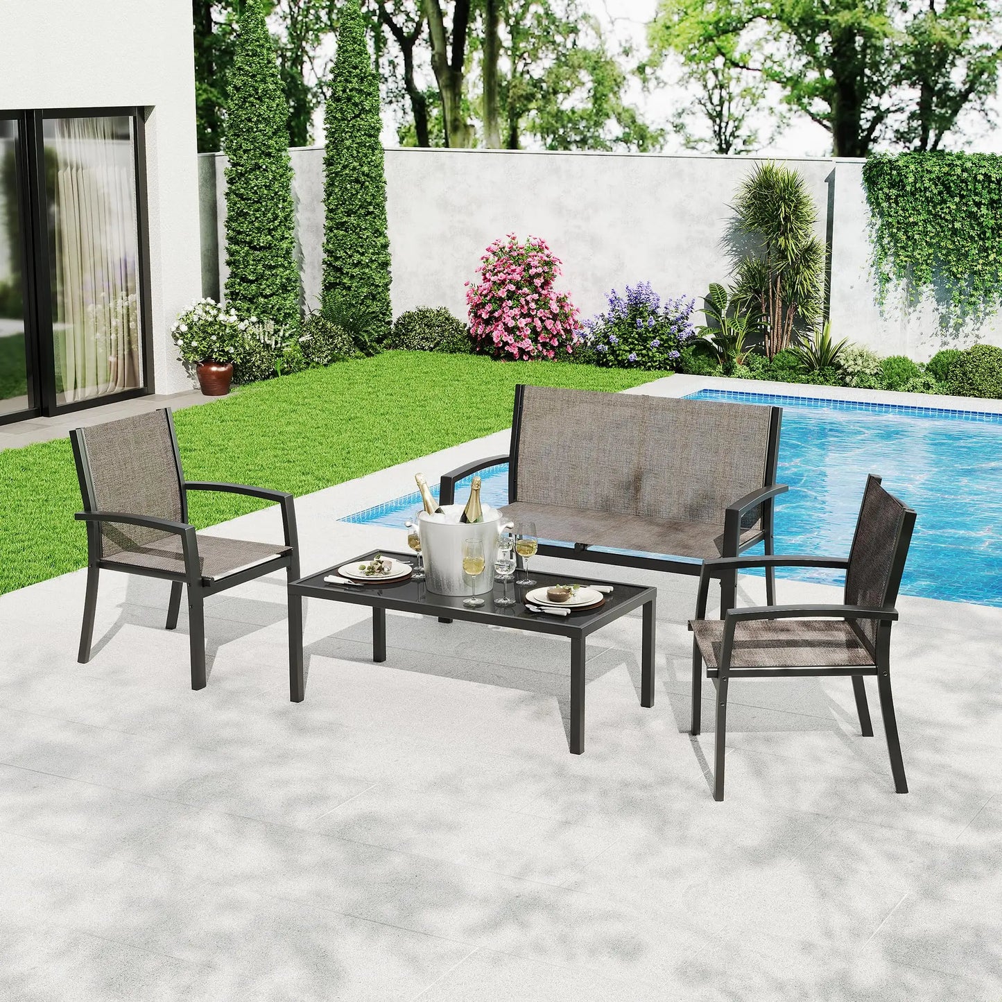 Modern 4 Piece Metal Patio Furniture Set Breathable Mesh Outdoor Loveseat & Chairs With Table For Deck Apartment Porch Backyard
