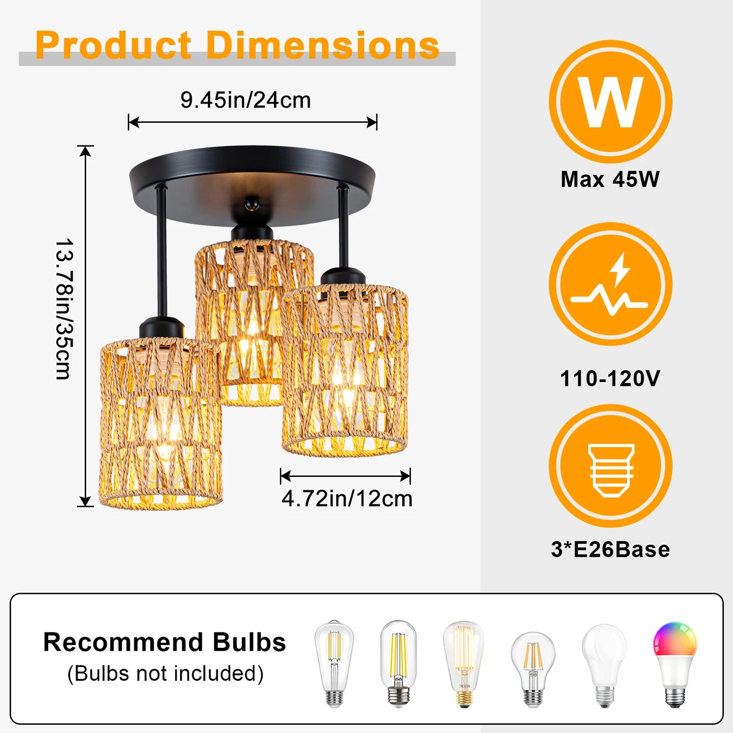 3-Lights Boho Light Fixtures Ceiling Mount, Farmhouse Rattan Chandelier, Hand Woven Cage Shade Semi Flush Mount Ceiling Lights for Bedroom Foyer Entryway Kitchen, Hallway Rattan Light Fixtures Ceiling bulb not included