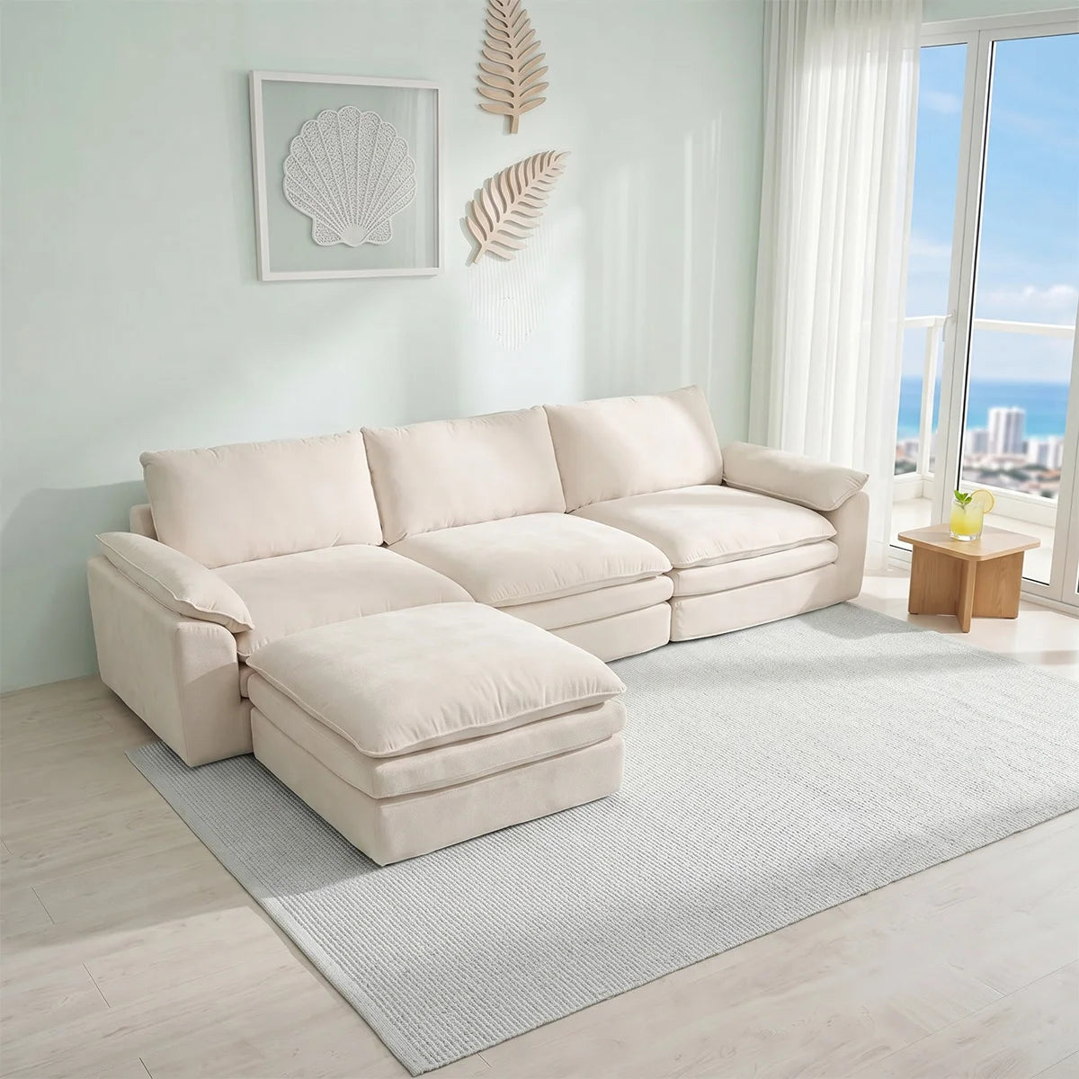 Summer Fresh Cream Style Modular Block Sofa, No Assembly Required, Deep Seat Cloud Sofa for Family Theater Room, Breathable Skin-friendly Fabric Chaise Lounge, Detachable Washable Lazy Cloud Couch for Large Living Room, Multi