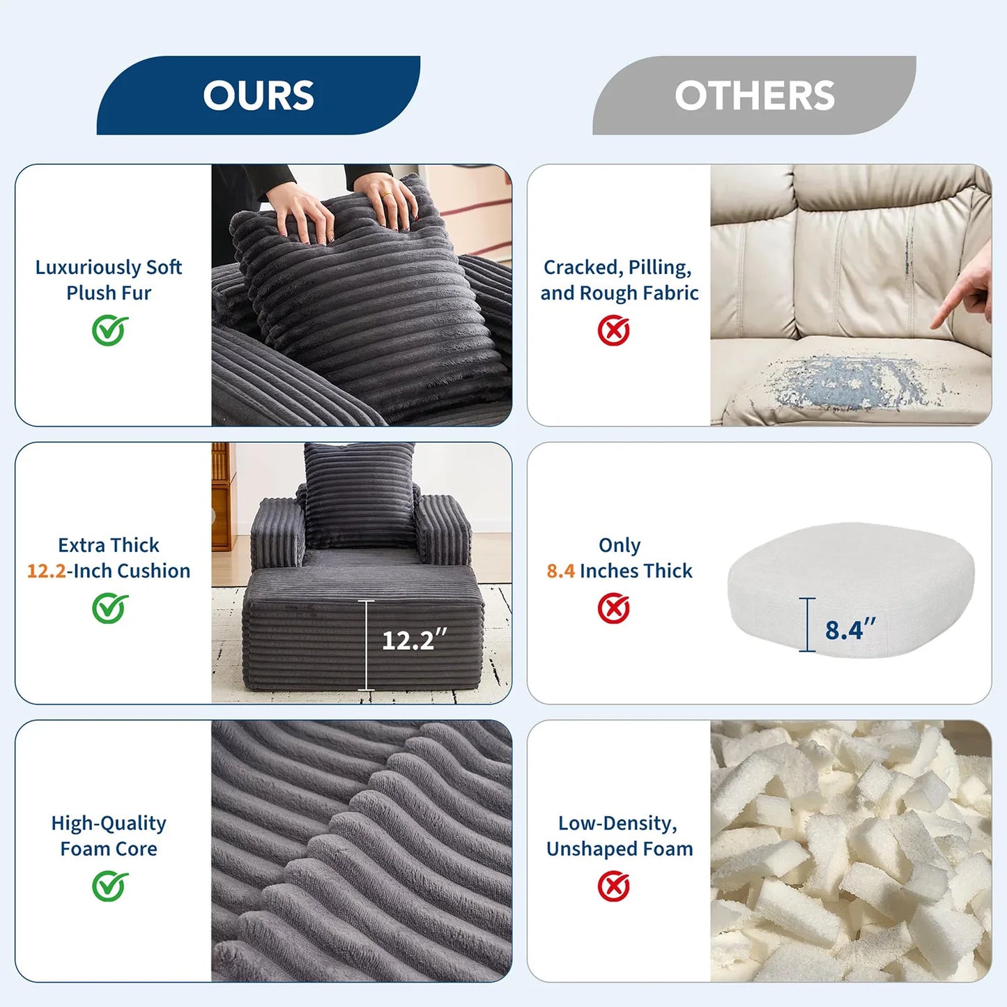 45'' Corduroy Cloud Chaise Lounge Sofa, Deep Seat Reading Chair With Wide Armrests, Back Pillow, No-Assembly Couch